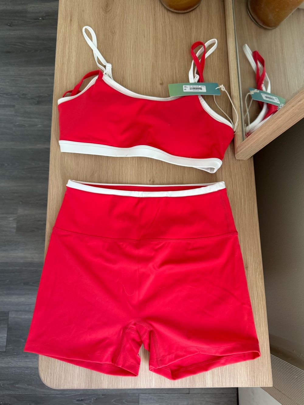 Altar'd State Red Sports Bralette and High-Waist Shorts with White Trim